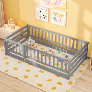 Giantex Twin Floor Bed with High Fence & Door, Montessori Floor Bed with 21.5 Safety Guardrails, Solid Wood Twin Beds Frame for Kids Girls, Boys, Without Slats, Grey - 9