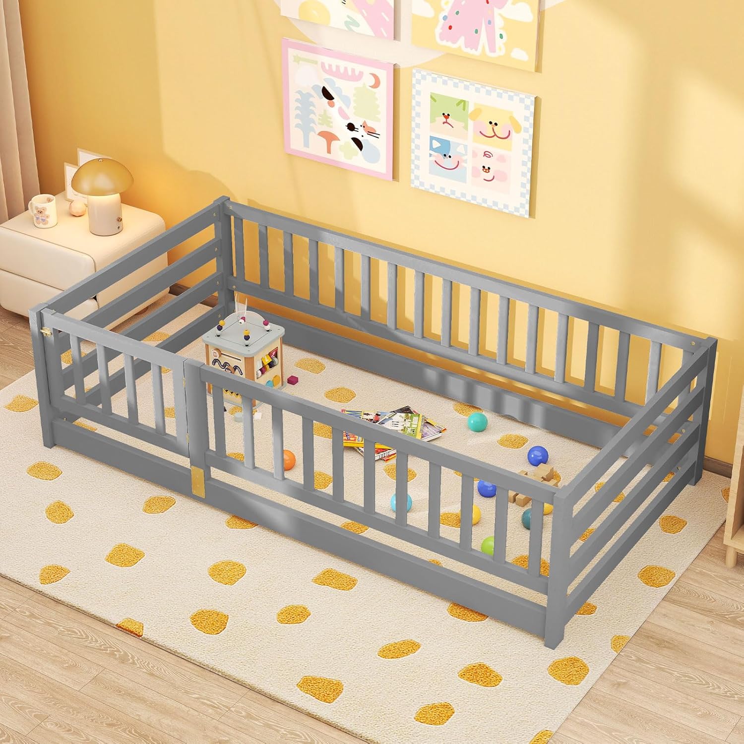 Giantex Twin Floor Bed with High Fence & Door, Montessori Floor Bed with 21.5 Safety Guardrails, Solid Wood Twin Beds Frame for Kids Girls, Boys, Without Slats, Grey - 9