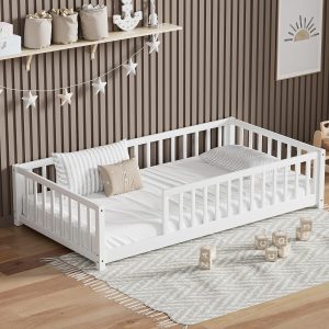 LLS Twin Floor Bed for Kids Solid Wood Montessori Bed Frame with Safety Guardrails Multifunctional Montessori Floor Bed for Toddlers, Without Door, Easy Assemble, White - 1