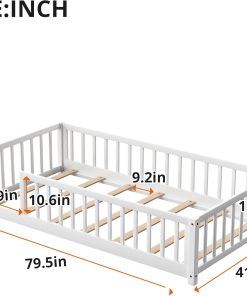 LLS Twin Floor Bed for Kids Solid Wood Montessori Bed Frame with Safety Guardrails Multifunctional Montessori Floor Bed for Toddlers, Without Door, Easy Assemble, White - 2