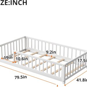 LLS Twin Floor Bed for Kids Solid Wood Montessori Bed Frame with Safety Guardrails Multifunctional Montessori Floor Bed for Toddlers, Without Door, Easy Assemble, White - 2