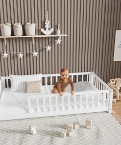 LLS Twin Floor Bed for Kids Solid Wood Montessori Bed Frame with Safety Guardrails Multifunctional Montessori Floor Bed for Toddlers, Without Door, Easy Assemble, White - 3