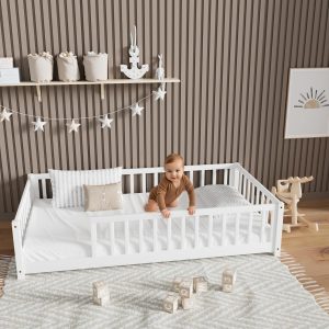 LLS Twin Floor Bed for Kids Solid Wood Montessori Bed Frame with Safety Guardrails Multifunctional Montessori Floor Bed for Toddlers, Without Door, Easy Assemble, White - 3
