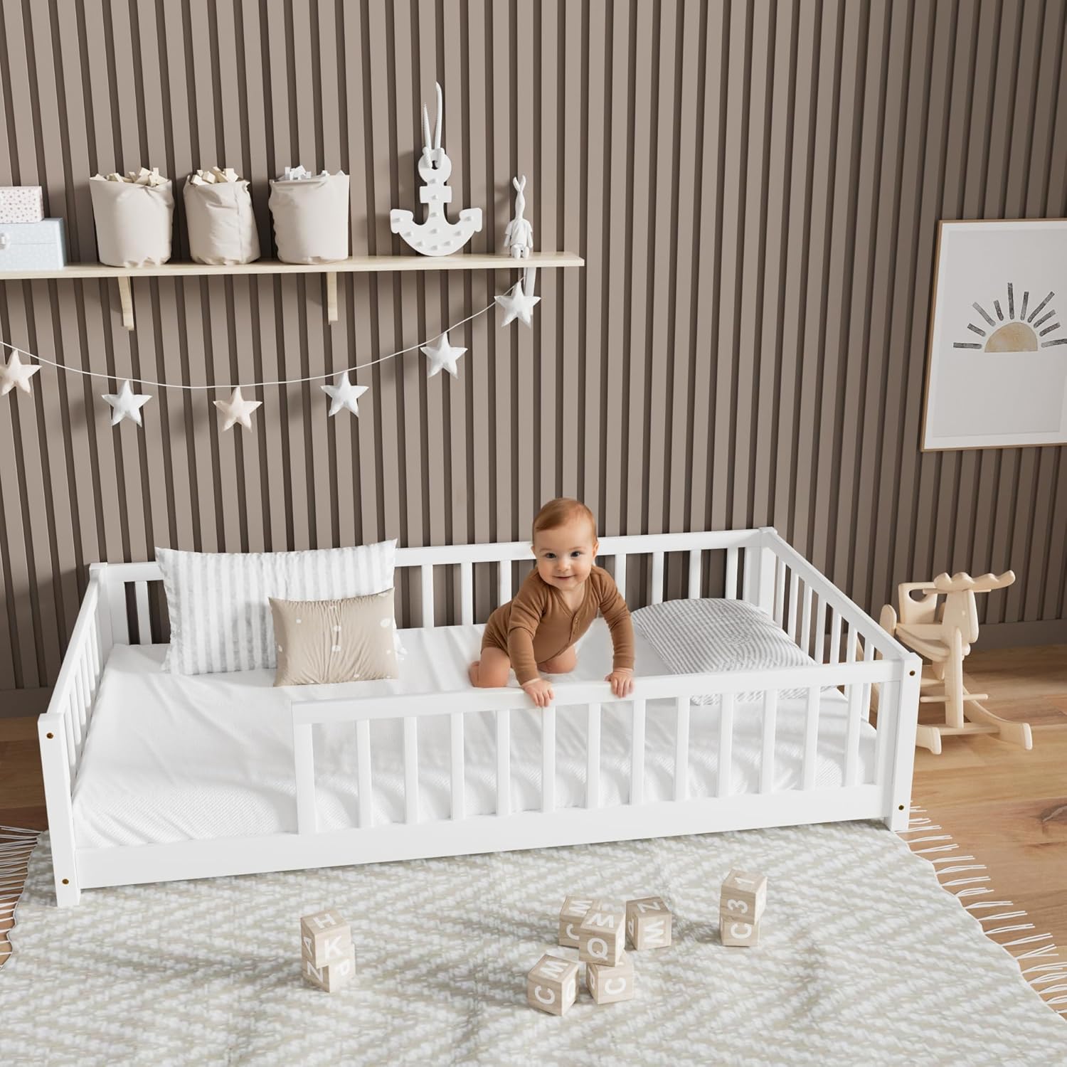LLS Twin Floor Bed for Kids Solid Wood Montessori Bed Frame with Safety Guardrails Multifunctional Montessori Floor Bed for Toddlers, Without Door, Easy Assemble, White - 3