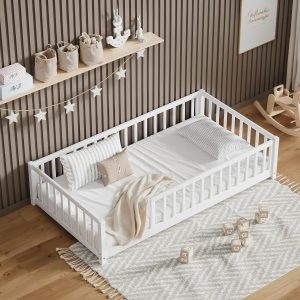 LLS Twin Floor Bed for Kids Solid Wood Montessori Bed Frame with Safety Guardrails Multifunctional Montessori Floor Bed for Toddlers, Without Door, Easy Assemble, White - 4