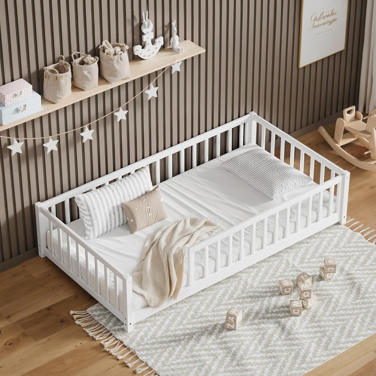 LLS Twin Floor Bed for Kids Solid Wood Montessori Bed Frame with Safety Guardrails Multifunctional Montessori Floor Bed for Toddlers, Without Door, Easy Assemble, White - 4