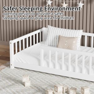 LLS Twin Floor Bed for Kids Solid Wood Montessori Bed Frame with Safety Guardrails Multifunctional Montessori Floor Bed for Toddlers, Without Door, Easy Assemble, White - 5