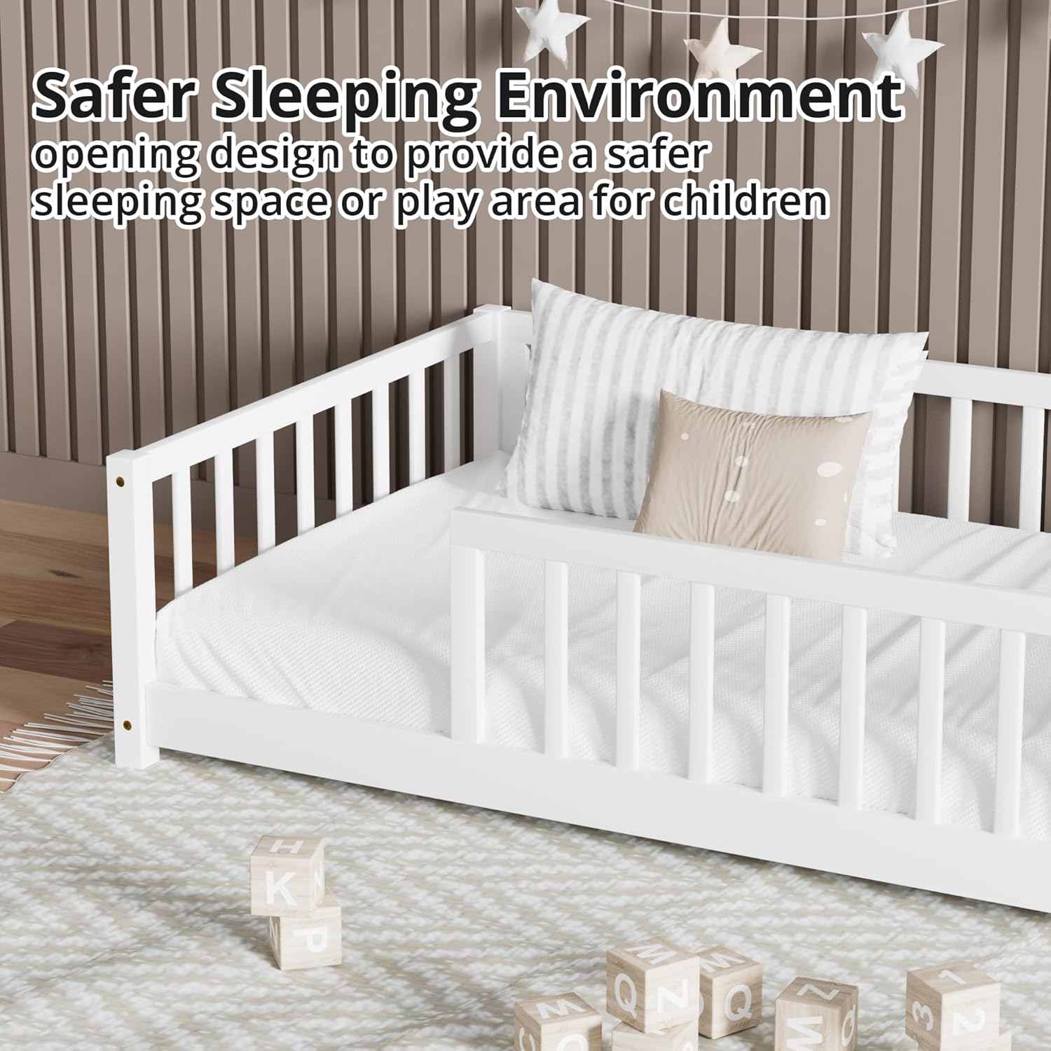 LLS Twin Floor Bed for Kids Solid Wood Montessori Bed Frame with Safety Guardrails Multifunctional Montessori Floor Bed for Toddlers, Without Door, Easy Assemble, White - 5
