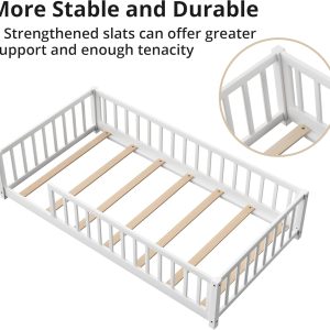 LLS Twin Floor Bed for Kids Solid Wood Montessori Bed Frame with Safety Guardrails Multifunctional Montessori Floor Bed for Toddlers, Without Door, Easy Assemble, White - 6