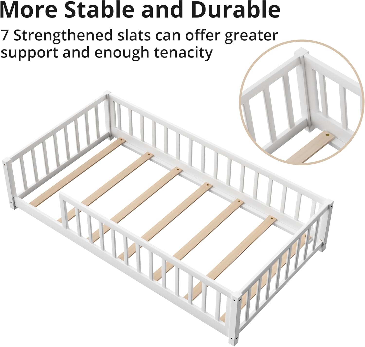 LLS Twin Floor Bed for Kids Solid Wood Montessori Bed Frame with Safety Guardrails Multifunctional Montessori Floor Bed for Toddlers, Without Door, Easy Assemble, White - 6