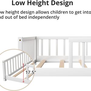 LLS Twin Floor Bed for Kids Solid Wood Montessori Bed Frame with Safety Guardrails Multifunctional Montessori Floor Bed for Toddlers, Without Door, Easy Assemble, White - 7