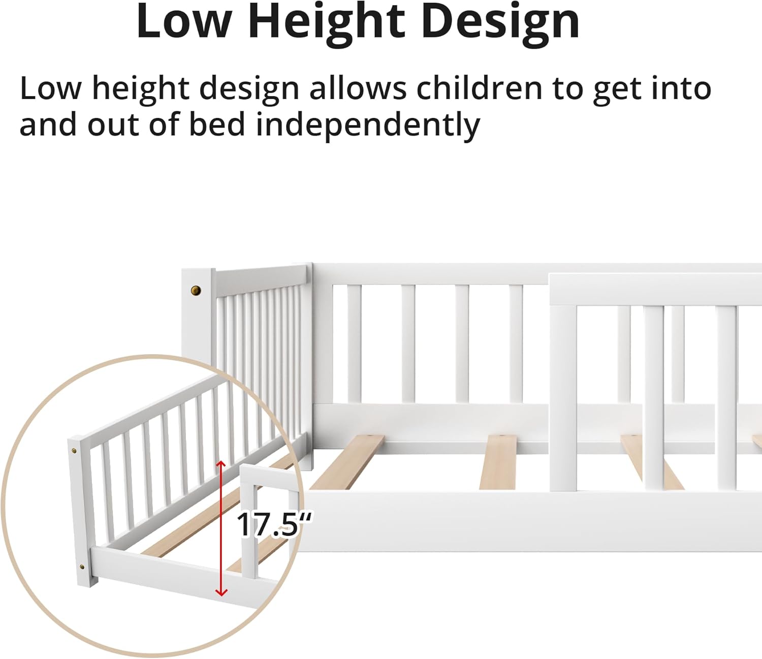 LLS Twin Floor Bed for Kids Solid Wood Montessori Bed Frame with Safety Guardrails Multifunctional Montessori Floor Bed for Toddlers, Without Door, Easy Assemble, White - 7