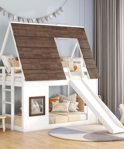 Merax Twin Over Twin House Bunk Bed Frame with Roof,Window,Ladder and Slide for Boys Girls, White & Brown - 1