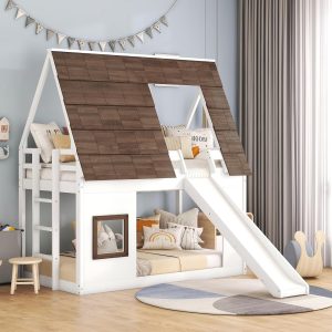 Merax Twin Over Twin House Bunk Bed Frame with Roof,Window,Ladder and Slide for Boys Girls, White & Brown - 1