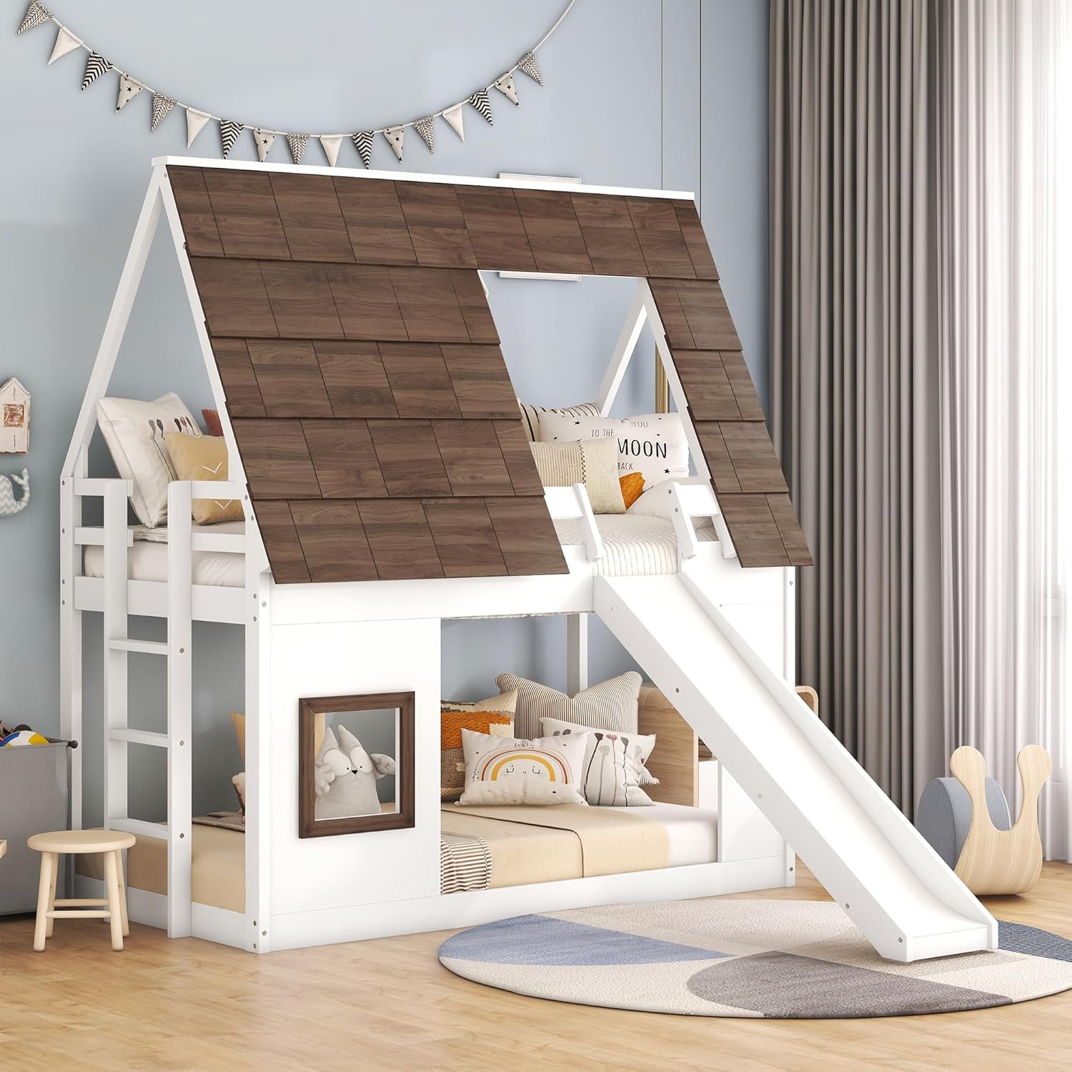 Merax Twin Over Twin House Bunk Bed Frame with Roof,Window,Ladder and Slide for Boys Girls, White & Brown - 1