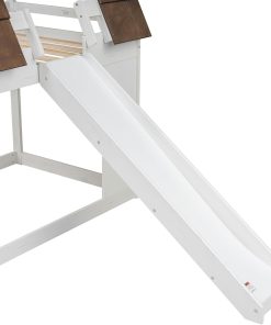 Merax Twin Over Twin House Bunk Bed Frame with Roof,Window,Ladder and Slide for Boys Girls, White & Brown - 12