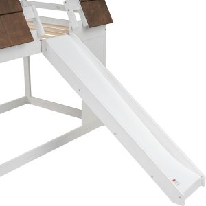 Merax Twin Over Twin House Bunk Bed Frame with Roof,Window,Ladder and Slide for Boys Girls, White & Brown - 12