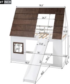 Merax Twin Over Twin House Bunk Bed Frame with Roof,Window,Ladder and Slide for Boys Girls, White & Brown - 2