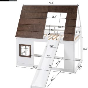 Merax Twin Over Twin House Bunk Bed Frame with Roof,Window,Ladder and Slide for Boys Girls, White & Brown - 2