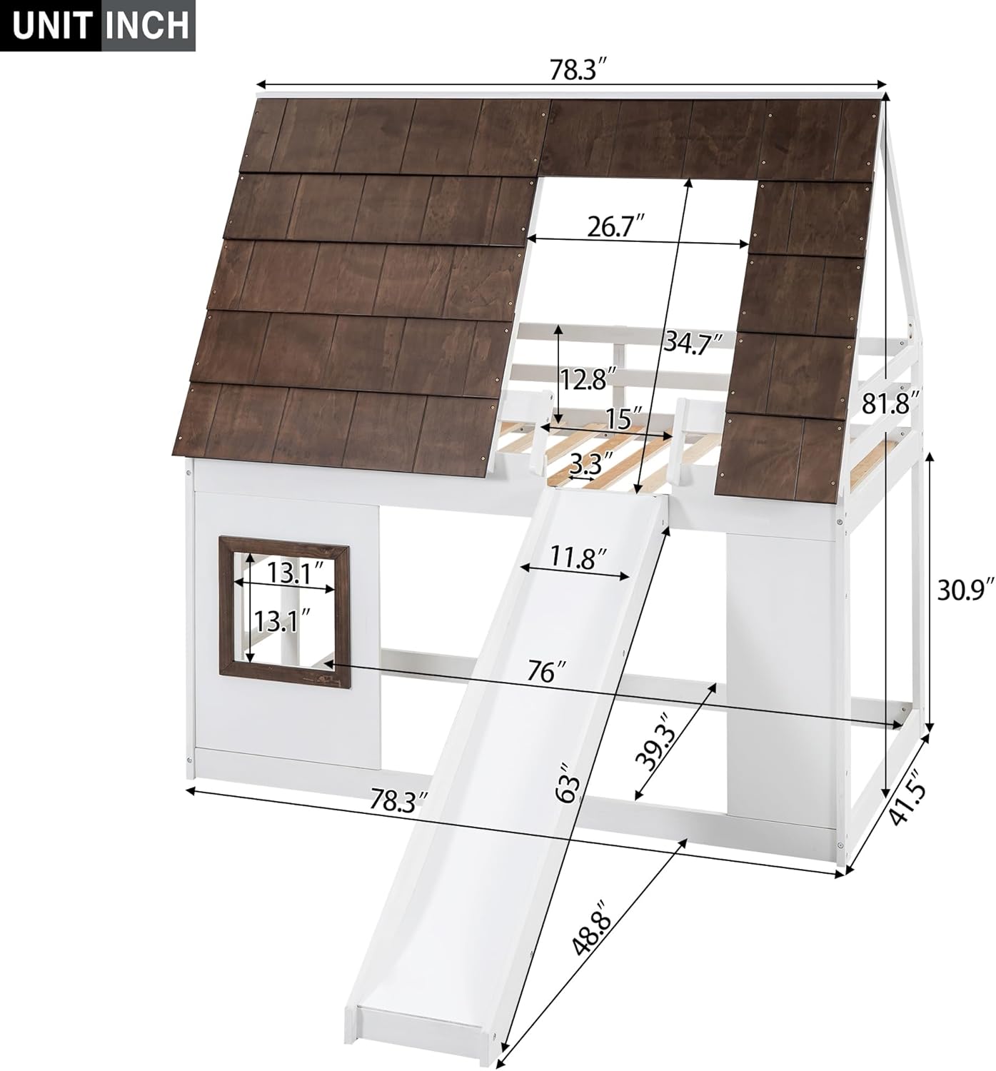 Merax Twin Over Twin House Bunk Bed Frame with Roof,Window,Ladder and Slide for Boys Girls, White & Brown - 2
