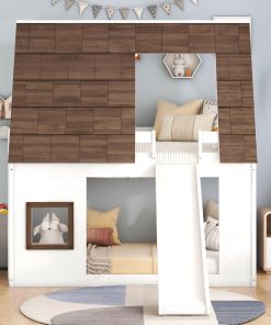 Merax Twin Over Twin House Bunk Bed Frame with Roof,Window,Ladder and Slide for Boys Girls, White & Brown - 3