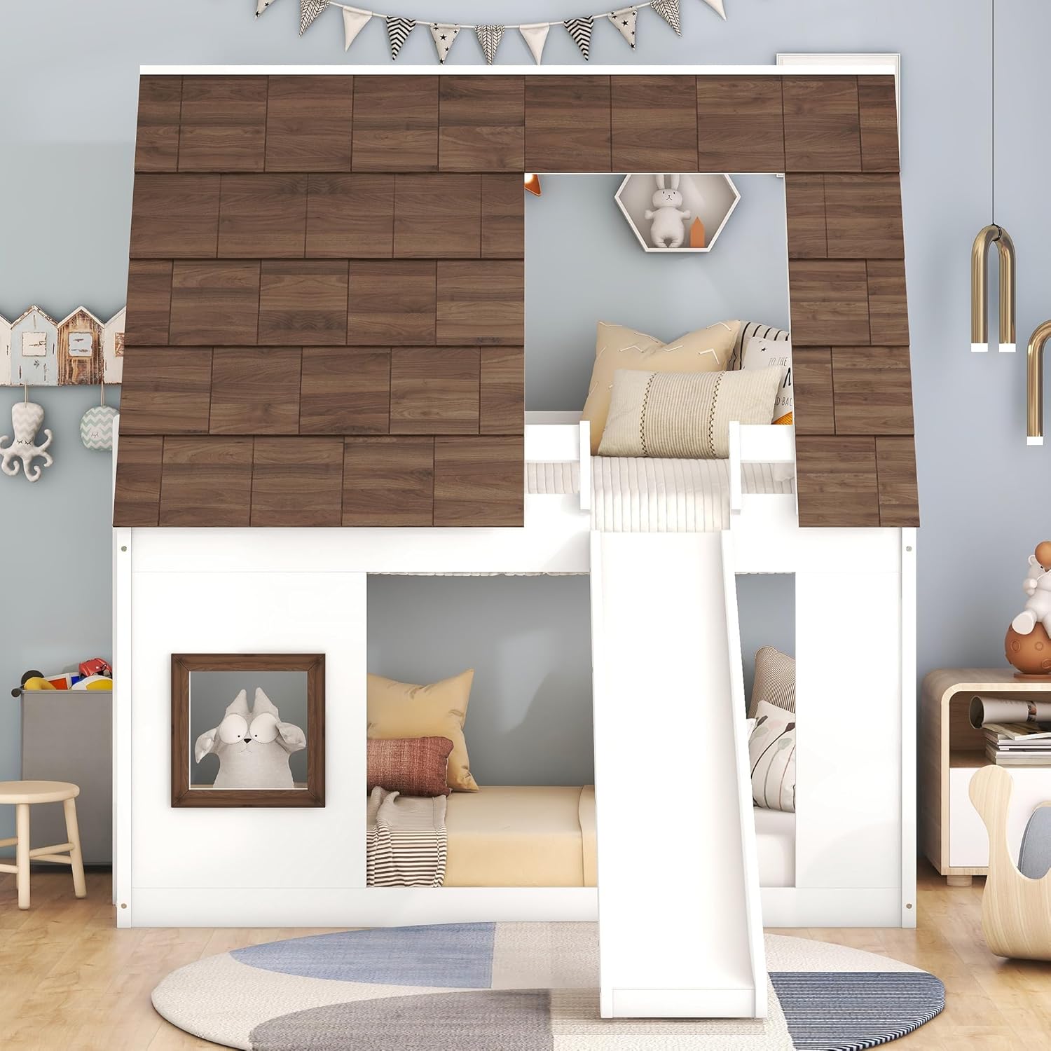 Merax Twin Over Twin House Bunk Bed Frame with Roof,Window,Ladder and Slide for Boys Girls, White & Brown - 3