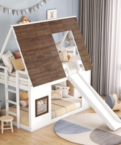 Merax Twin Over Twin House Bunk Bed Frame with Roof,Window,Ladder and Slide for Boys Girls, White & Brown - 4