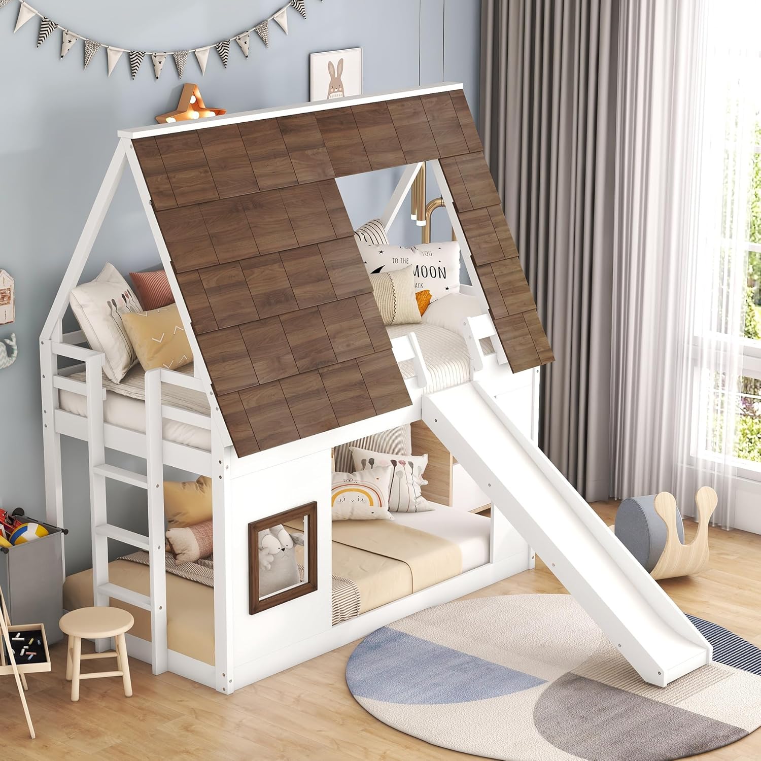 Merax Twin Over Twin House Bunk Bed Frame with Roof,Window,Ladder and Slide for Boys Girls, White & Brown - 4