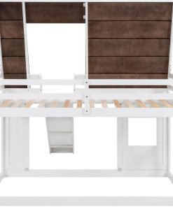 Merax Twin Over Twin House Bunk Bed Frame with Roof,Window,Ladder and Slide for Boys Girls, White & Brown - 5