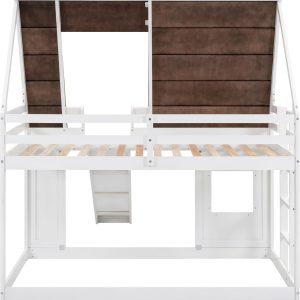 Merax Twin Over Twin House Bunk Bed Frame with Roof,Window,Ladder and Slide for Boys Girls, White & Brown - 5