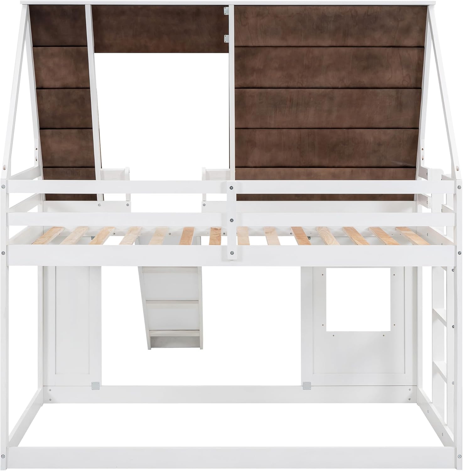 Merax Twin Over Twin House Bunk Bed Frame with Roof,Window,Ladder and Slide for Boys Girls, White & Brown - 5