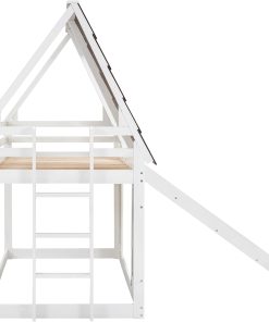 Merax Twin Over Twin House Bunk Bed Frame with Roof,Window,Ladder and Slide for Boys Girls, White & Brown - 6
