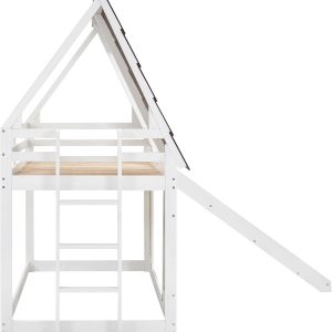 Merax Twin Over Twin House Bunk Bed Frame with Roof,Window,Ladder and Slide for Boys Girls, White & Brown - 6