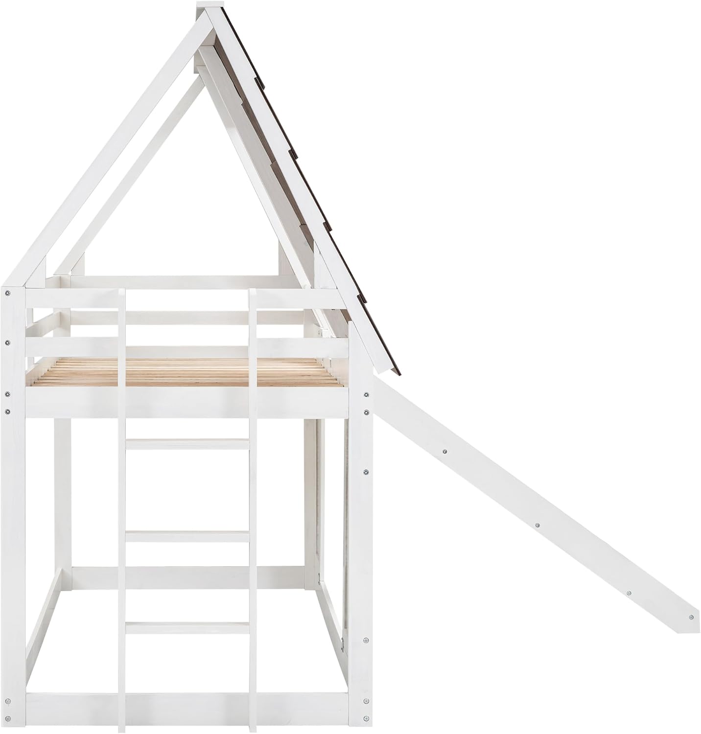 Merax Twin Over Twin House Bunk Bed Frame with Roof,Window,Ladder and Slide for Boys Girls, White & Brown - 6
