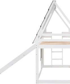 Merax Twin Over Twin House Bunk Bed Frame with Roof,Window,Ladder and Slide for Boys Girls, White & Brown - 7