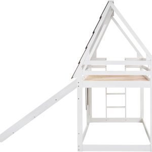 Merax Twin Over Twin House Bunk Bed Frame with Roof,Window,Ladder and Slide for Boys Girls, White & Brown - 7