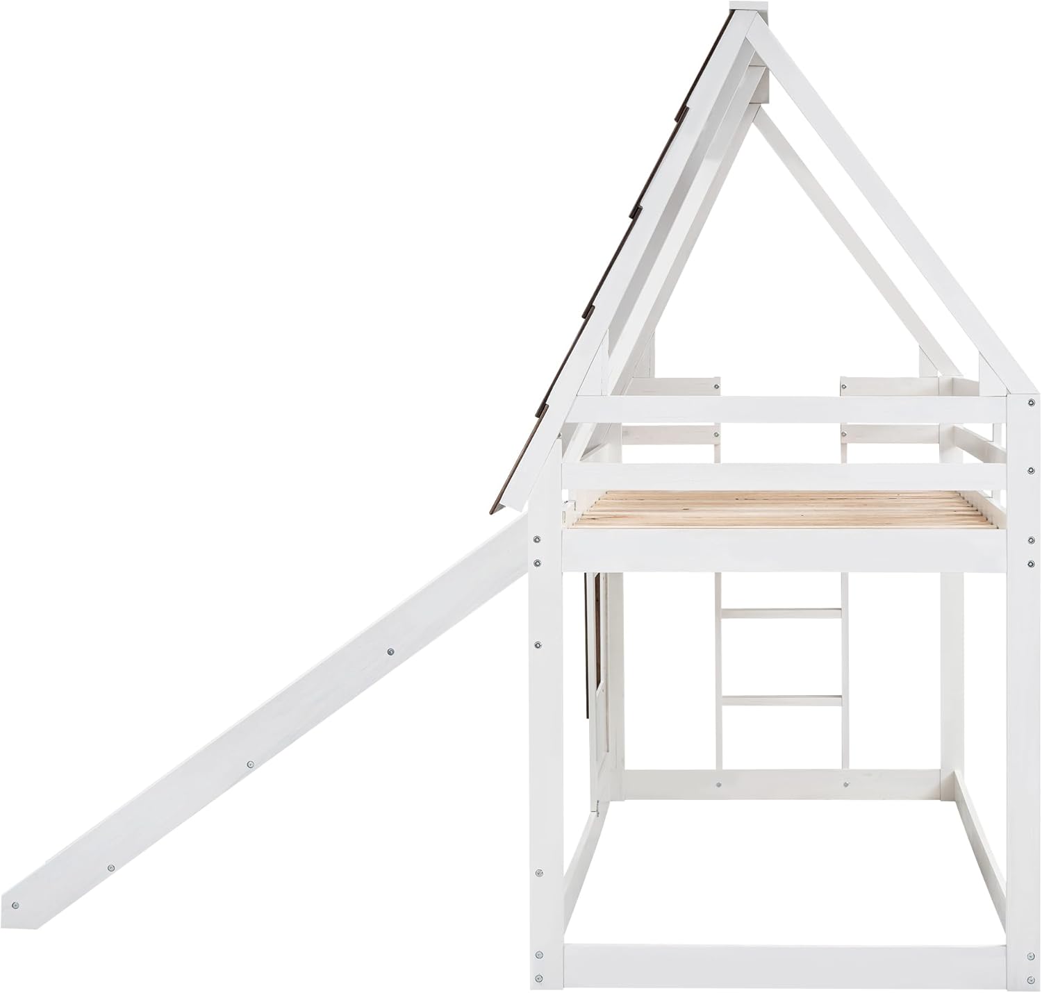 Merax Twin Over Twin House Bunk Bed Frame with Roof,Window,Ladder and Slide for Boys Girls, White & Brown - 7