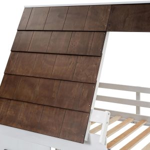 Merax Twin Over Twin House Bunk Bed Frame with Roof,Window,Ladder and Slide for Boys Girls, White & Brown - 8