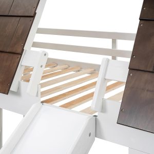 Merax Twin Over Twin House Bunk Bed Frame with Roof,Window,Ladder and Slide for Boys Girls, White & Brown - 9