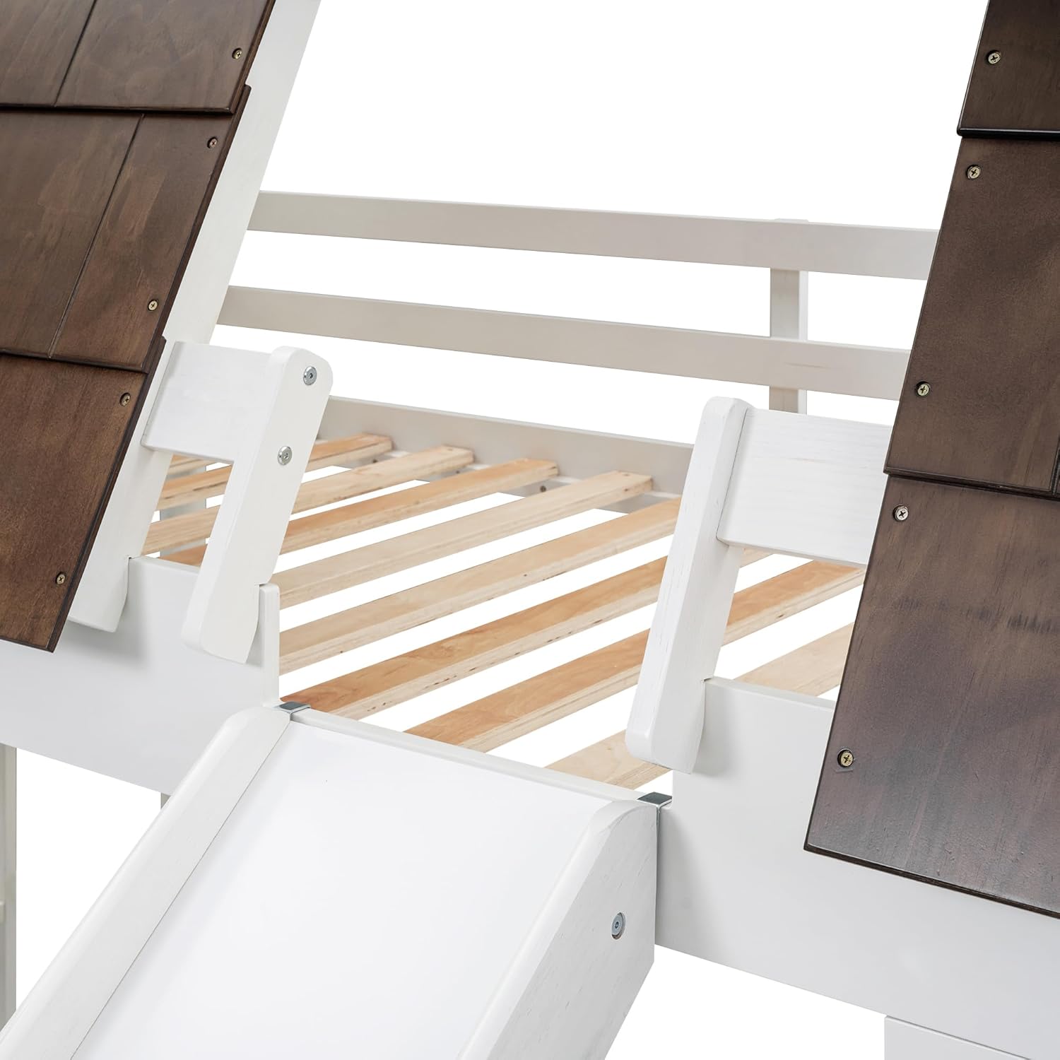 Merax Twin Over Twin House Bunk Bed Frame with Roof,Window,Ladder and Slide for Boys Girls, White & Brown - 9
