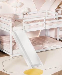 OLEAD Low Bunk Bed with Slide, Floor Loft Bed with Climbing Ladder, Wood Twin Bunk Bed Frame with Full Guardrails & Storage Space for Kids Toddler - 1
