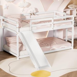 OLEAD Low Bunk Bed with Slide, Floor Loft Bed with Climbing Ladder, Wood Twin Bunk Bed Frame with Full Guardrails & Storage Space for Kids Toddler - 1