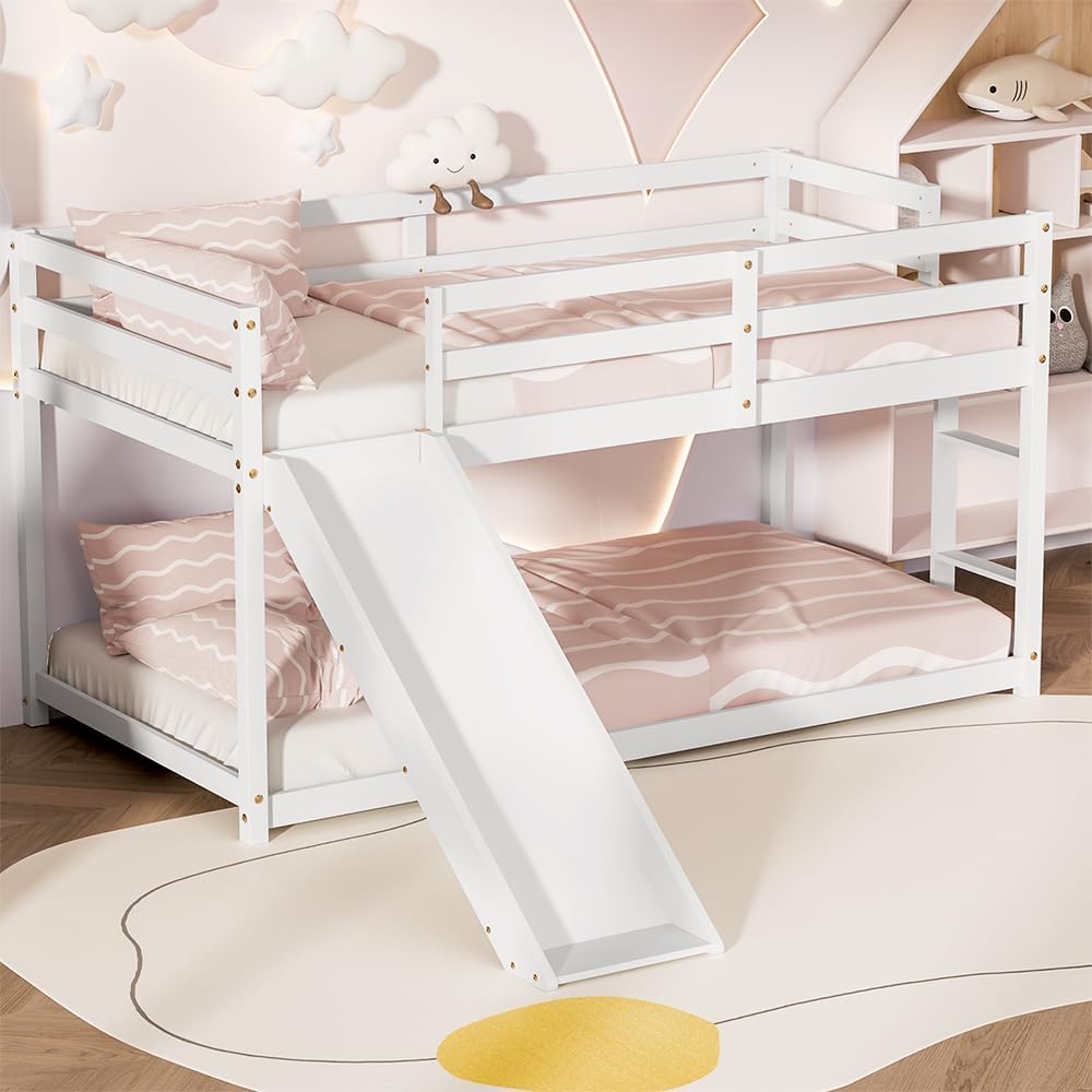 OLEAD Low Bunk Bed with Slide, Floor Loft Bed with Climbing Ladder, Wood Twin Bunk Bed Frame with Full Guardrails & Storage Space for Kids Toddler - 1