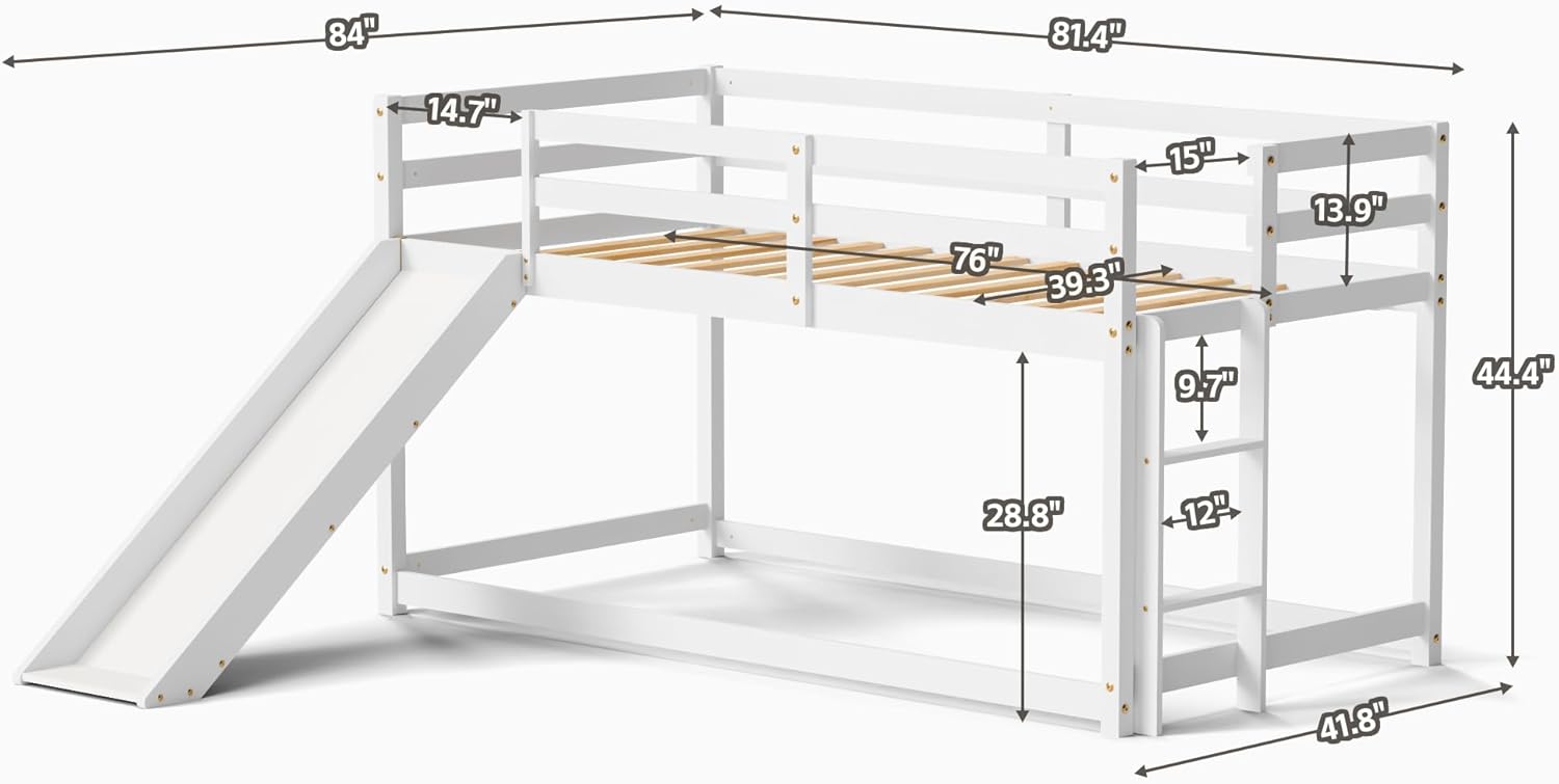 OLEAD Low Bunk Bed with Slide, Floor Loft Bed with Climbing Ladder, Wood Twin Bunk Bed Frame with Full Guardrails & Storage Space for Kids Toddler - 2