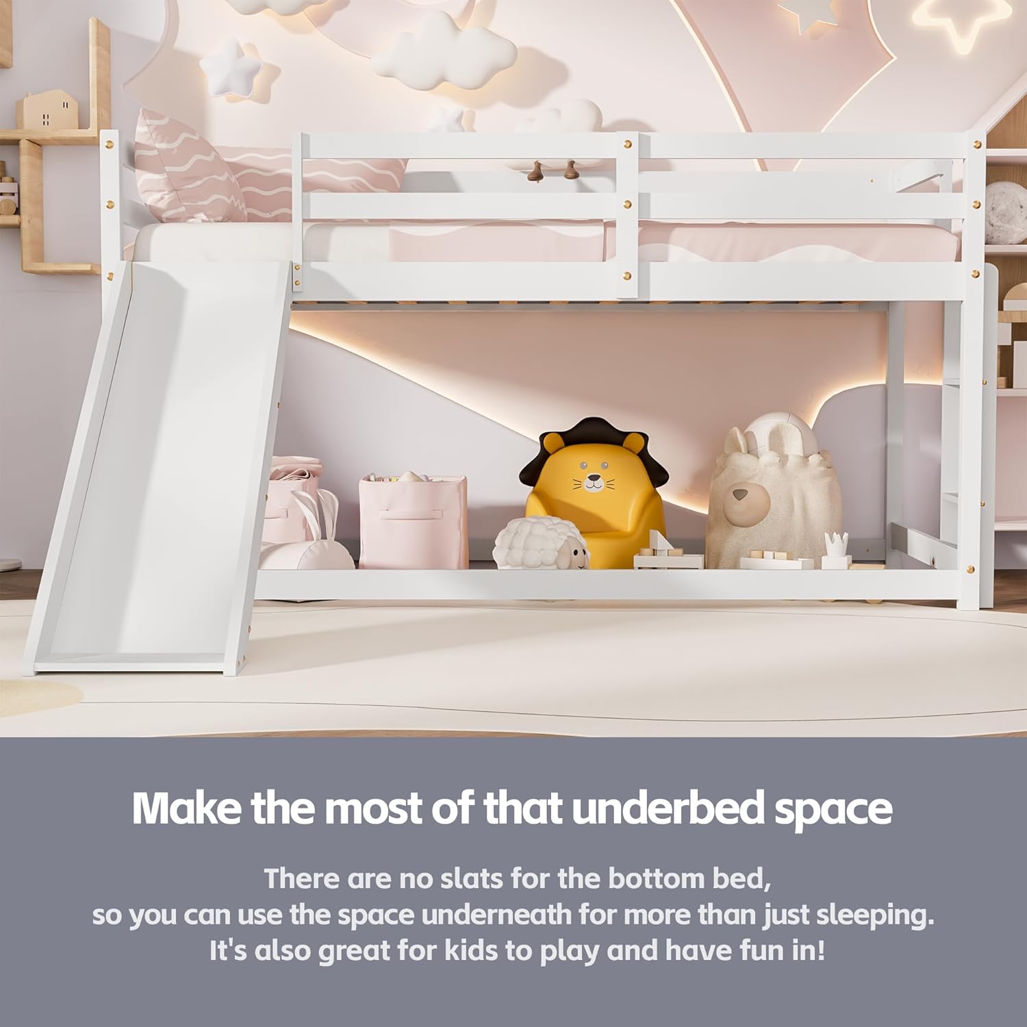 OLEAD Low Bunk Bed with Slide, Floor Loft Bed with Climbing Ladder, Wood Twin Bunk Bed Frame with Full Guardrails & Storage Space for Kids Toddler - 3