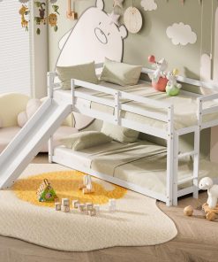 OLEAD Low Bunk Bed with Slide, Floor Loft Bed with Climbing Ladder, Wood Twin Bunk Bed Frame with Full Guardrails & Storage Space for Kids Toddler - 4