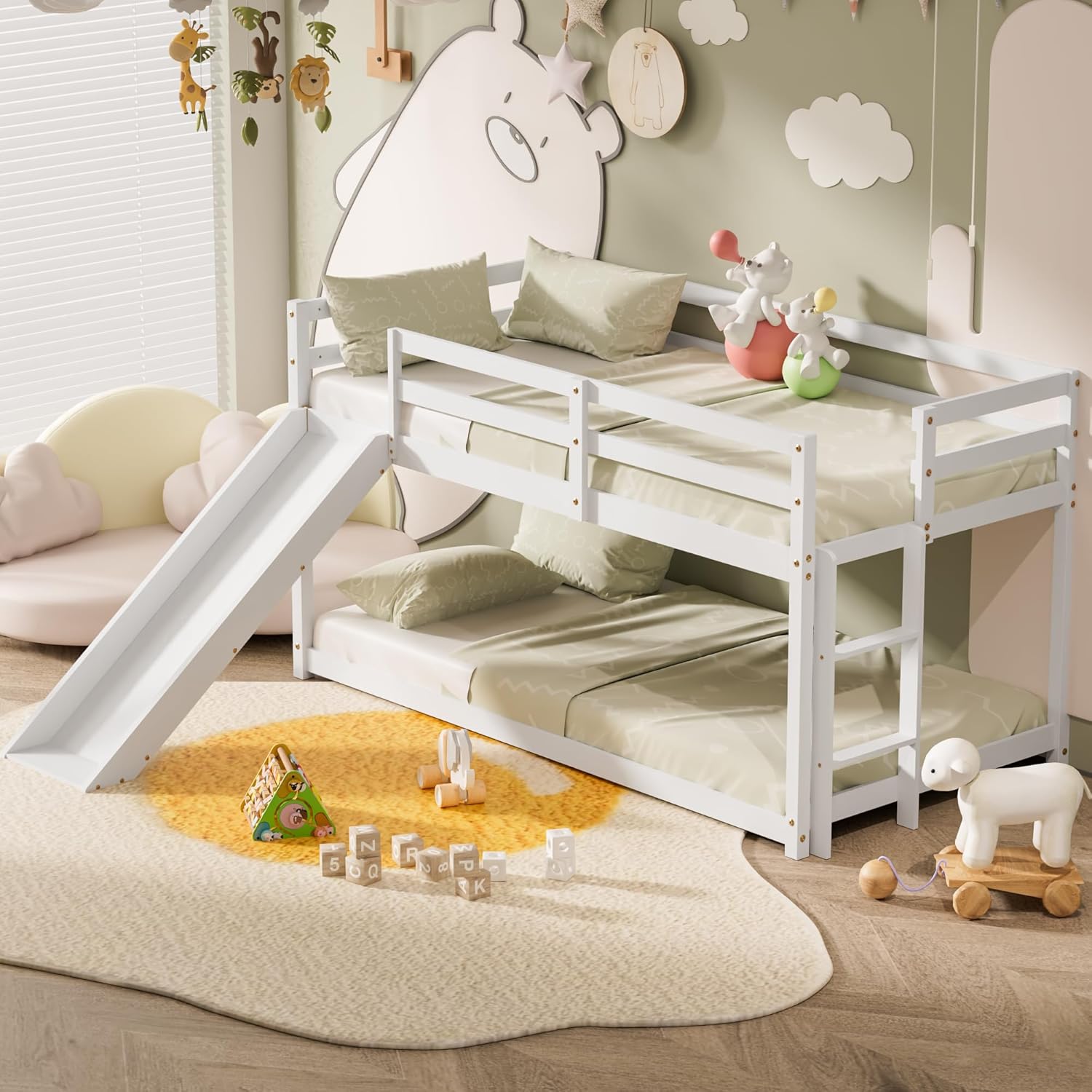 OLEAD Low Bunk Bed with Slide, Floor Loft Bed with Climbing Ladder, Wood Twin Bunk Bed Frame with Full Guardrails & Storage Space for Kids Toddler - 4