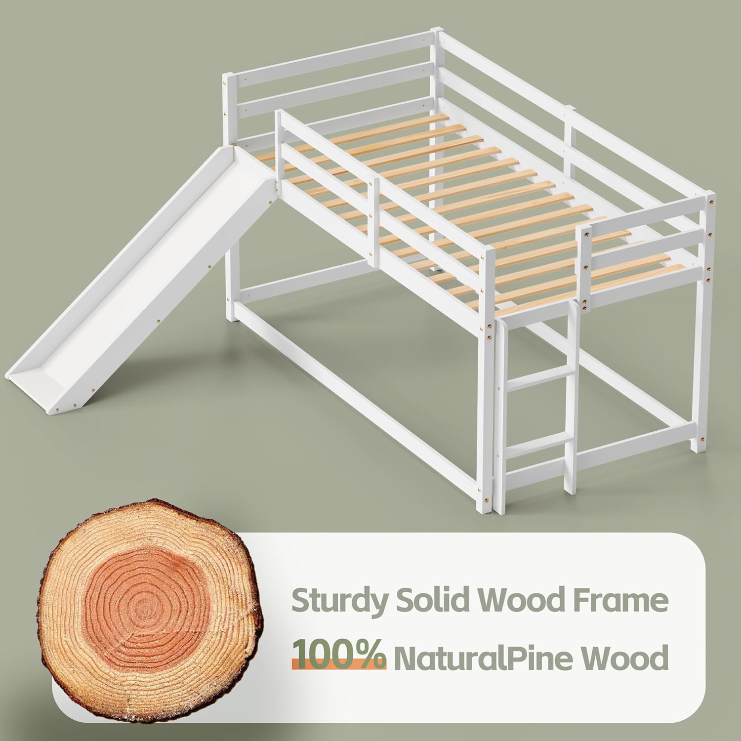 OLEAD Low Bunk Bed with Slide, Floor Loft Bed with Climbing Ladder, Wood Twin Bunk Bed Frame with Full Guardrails & Storage Space for Kids Toddler - 5