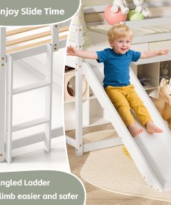 OLEAD Low Bunk Bed with Slide, Floor Loft Bed with Climbing Ladder, Wood Twin Bunk Bed Frame with Full Guardrails & Storage Space for Kids Toddler - 6