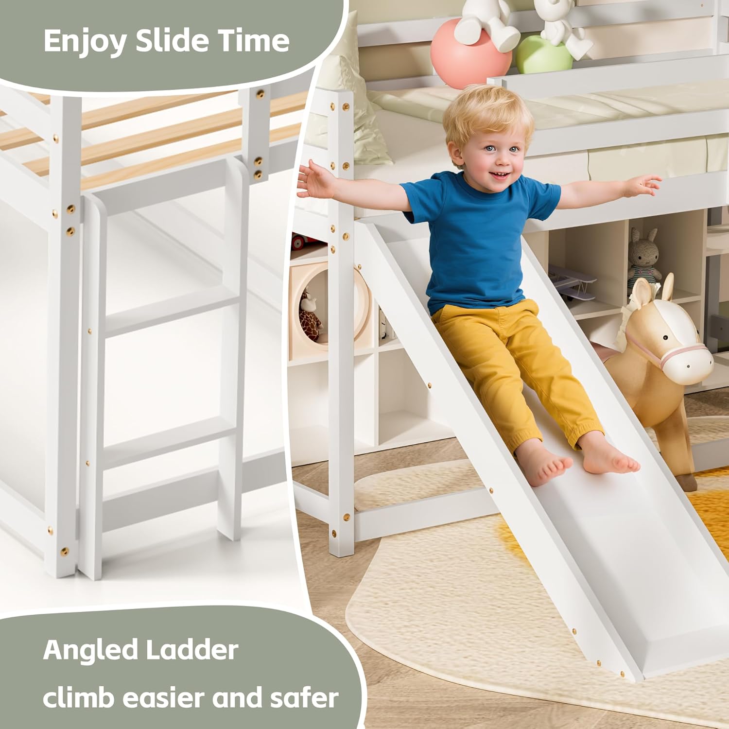 OLEAD Low Bunk Bed with Slide, Floor Loft Bed with Climbing Ladder, Wood Twin Bunk Bed Frame with Full Guardrails & Storage Space for Kids Toddler - 6